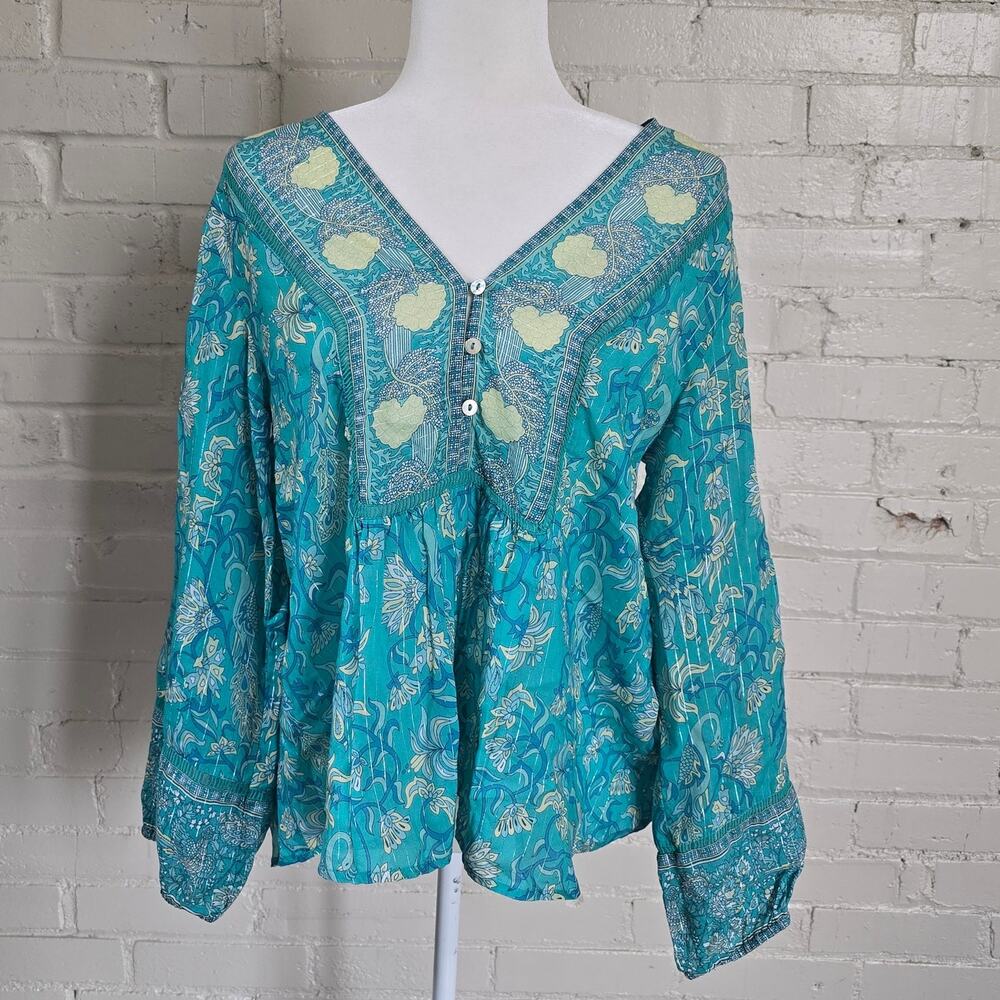Arnhem Australia Teal Metallic Lurex Shimmer Boho Floral Peasant Blouse M
